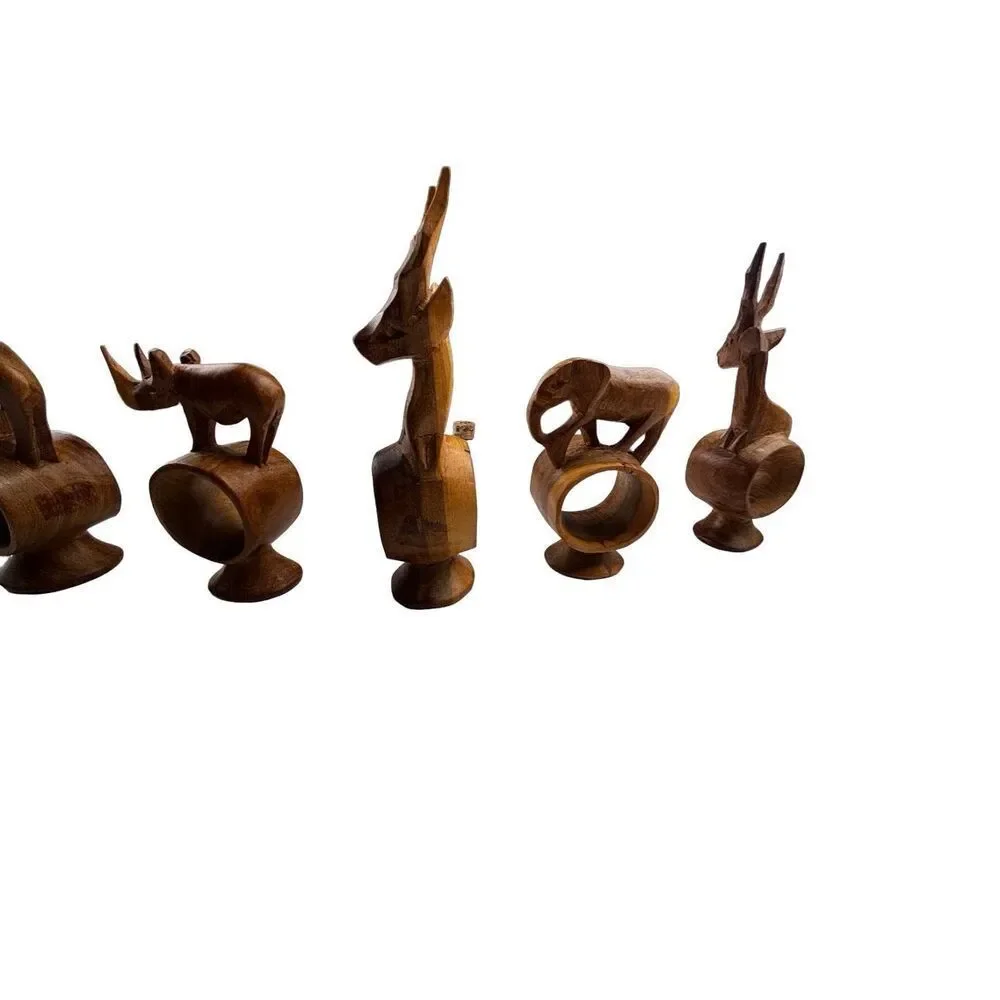 African hand Carved Teak Wood Napkin Rings, Set of 6